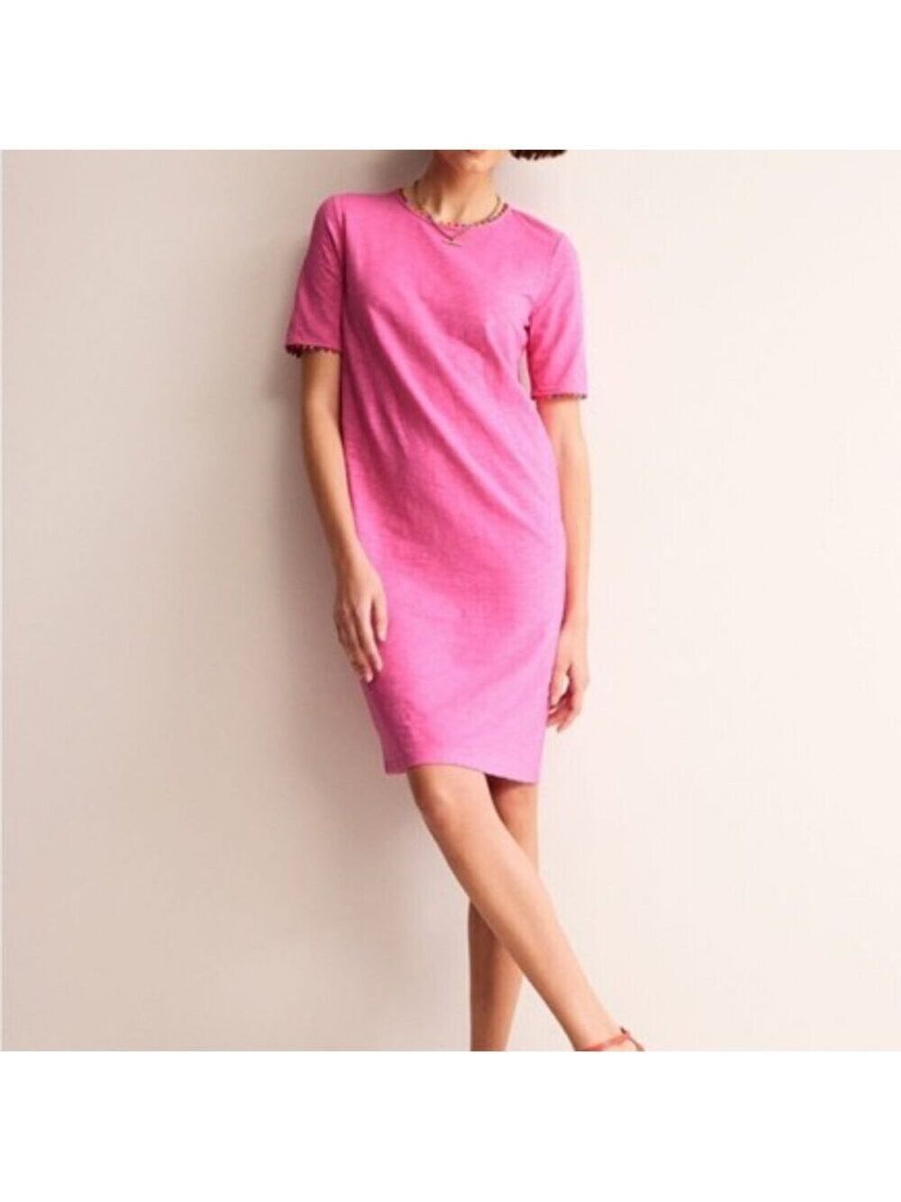 Boden Ali Pom Dress Pink Sangria Sunset Short Sleeve Crewneck 12